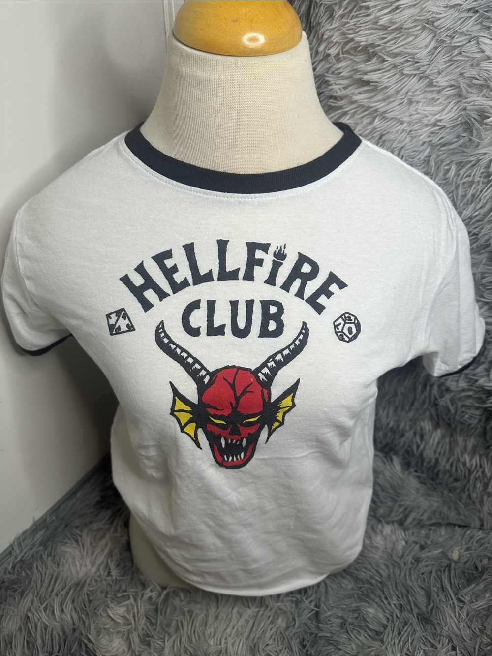 White cropped "Hellfire Club" Graphic Ringer Tee